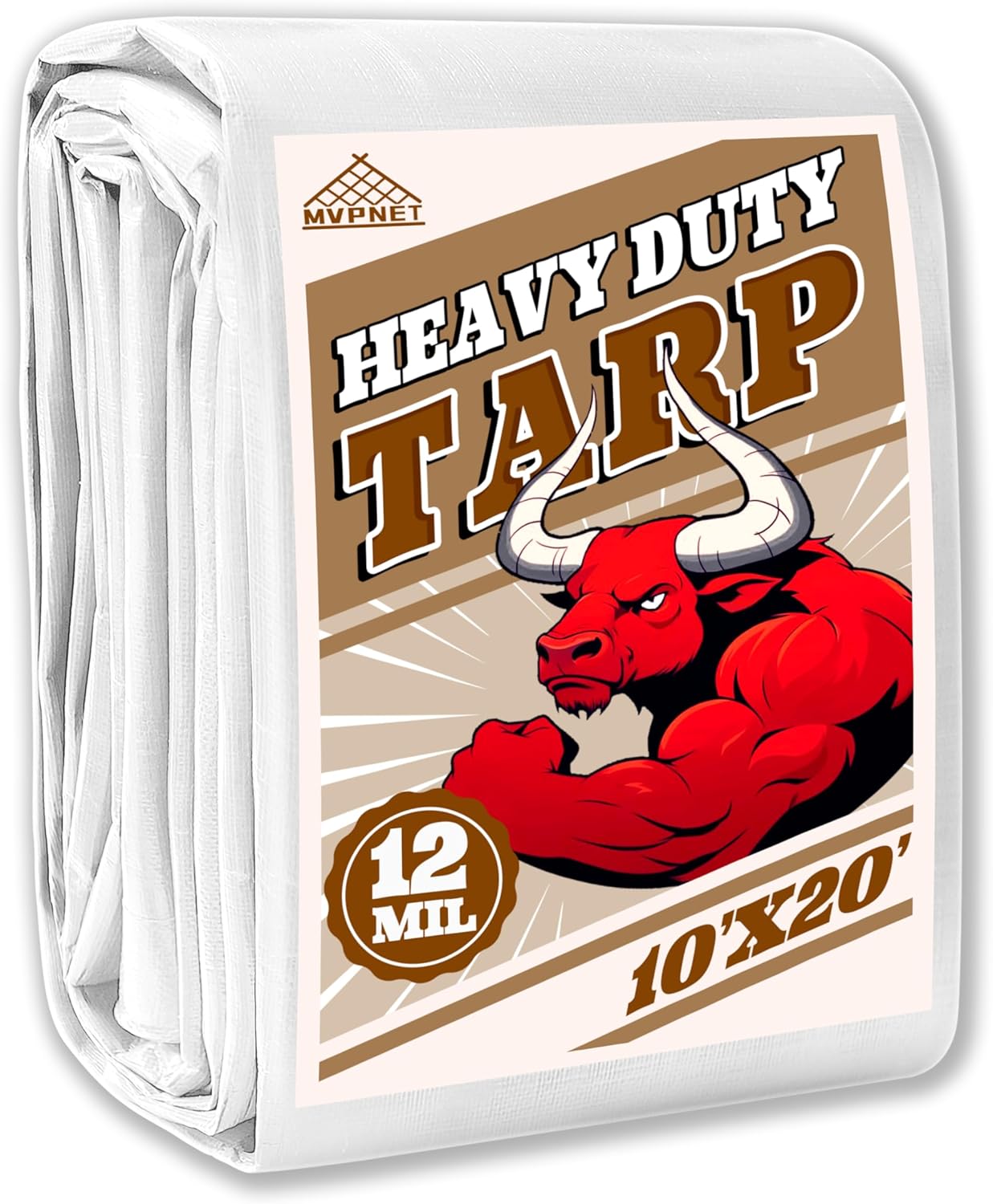 Tarp 10x20 ft Heavy Duty 12mil 100% Waterproof High Durability Multipurpose,Uv Resistant,White Tarp Suitable for Swimming Pools, Boats, Camping, Courtyards, Etc -by MVPNET