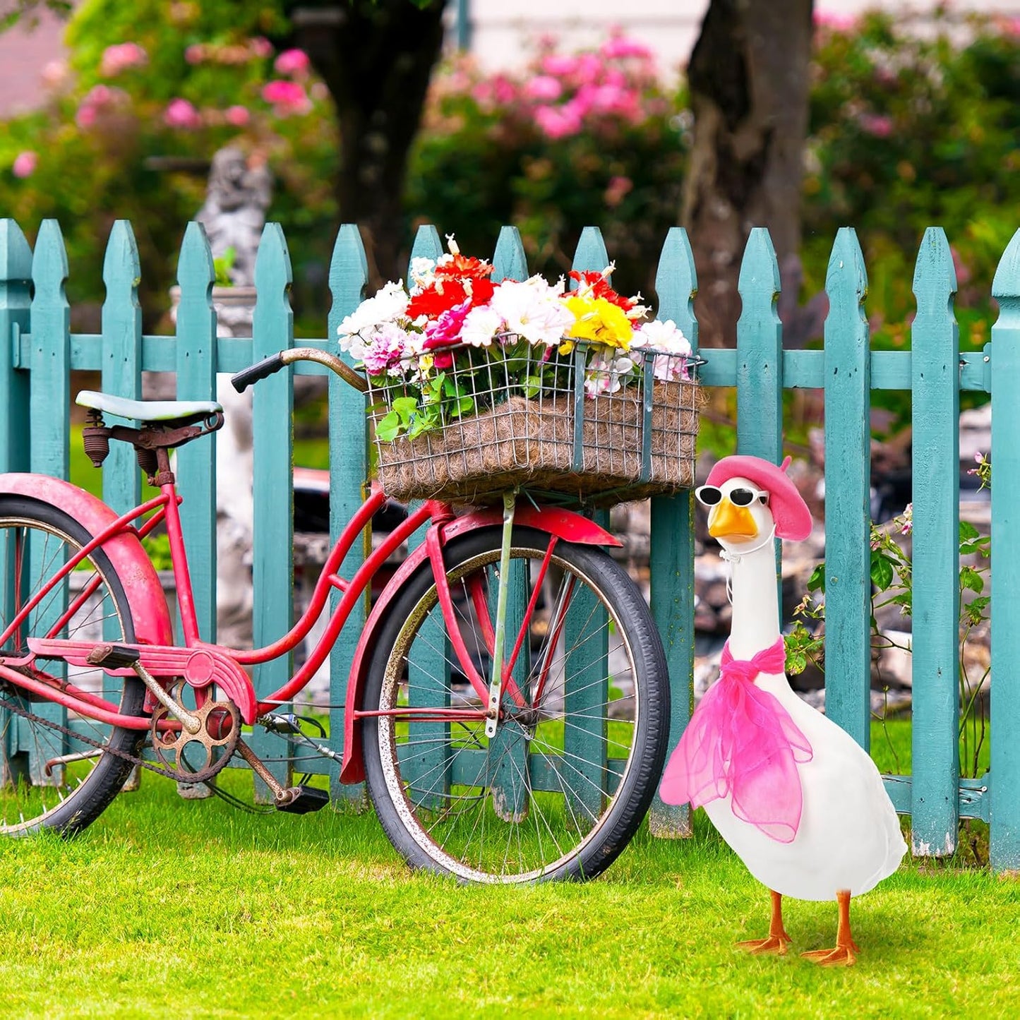 Yaomiao 3 Pcs French Porch Goose Outfit Set for 23'' 17'' Cement Plastic Lawn Goose Costume 50s French Beret Hat for Statue Halloween Carnival Statue Decor(Hot Pink)