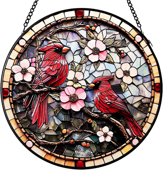 Cardinal Stained Glass Suncatcher - Hand-Painted Window Hanging with Metal Chain, Outdoor/Indoor