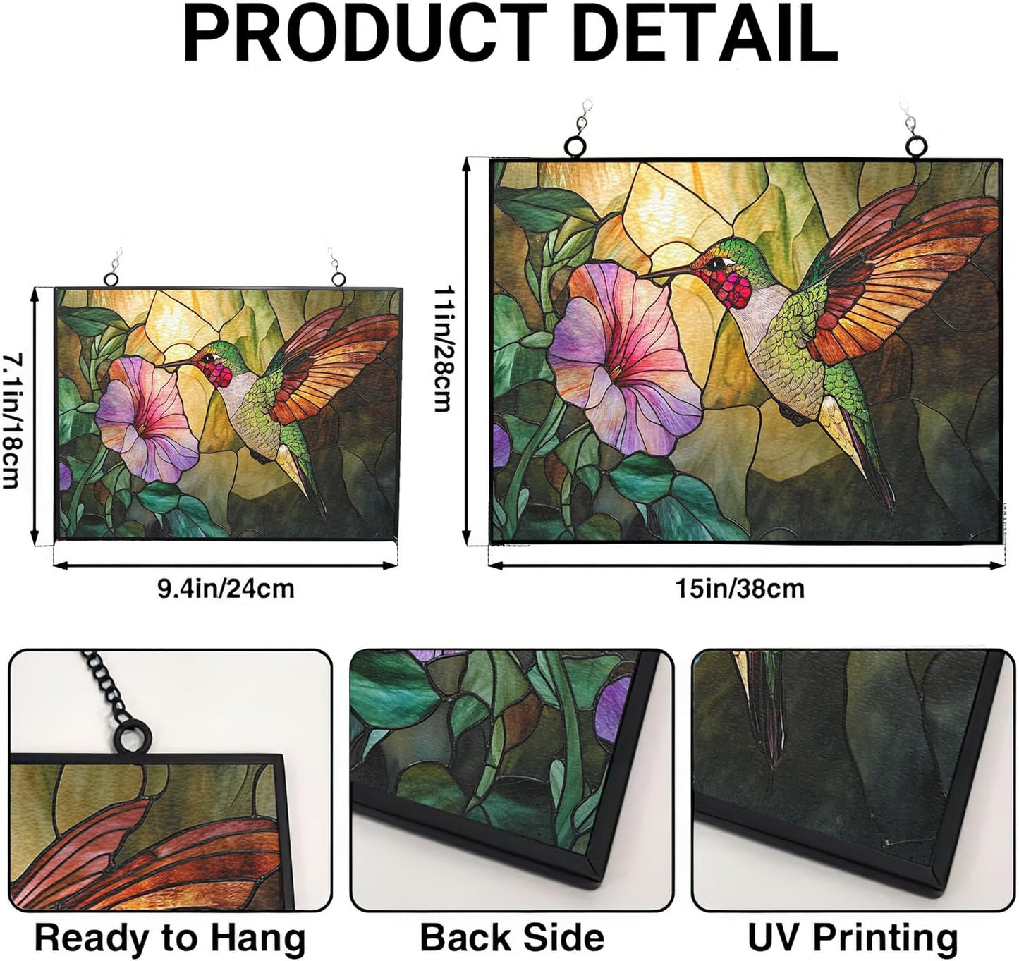 Customized Rectangle Art Nouveau Hummingbird and Glory Stained Glass Window Hanging, Stained Glass Suncatcher for Women, Window Decor Perfect Home Décor