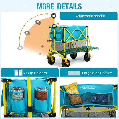 Old Bahama Bay 400L Collapsible Double Decker Beach Wagon with Brakes, Folding Beach Cart with 54" Extra Long Decker, 450LBS Heavy Duty Wagon Chart with All-Terrain Big Wheels for Sand Camping Garden