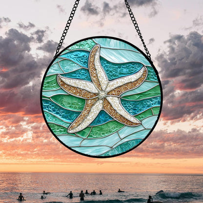 Stained Glass Window Hanging 4 Pcs Set Cyan Ocean Life Theme 9.8" - Sea Starfish Suncatcher Door Garden Sun Catcher Decor Birthday for Mom Woman Nana Men Friend