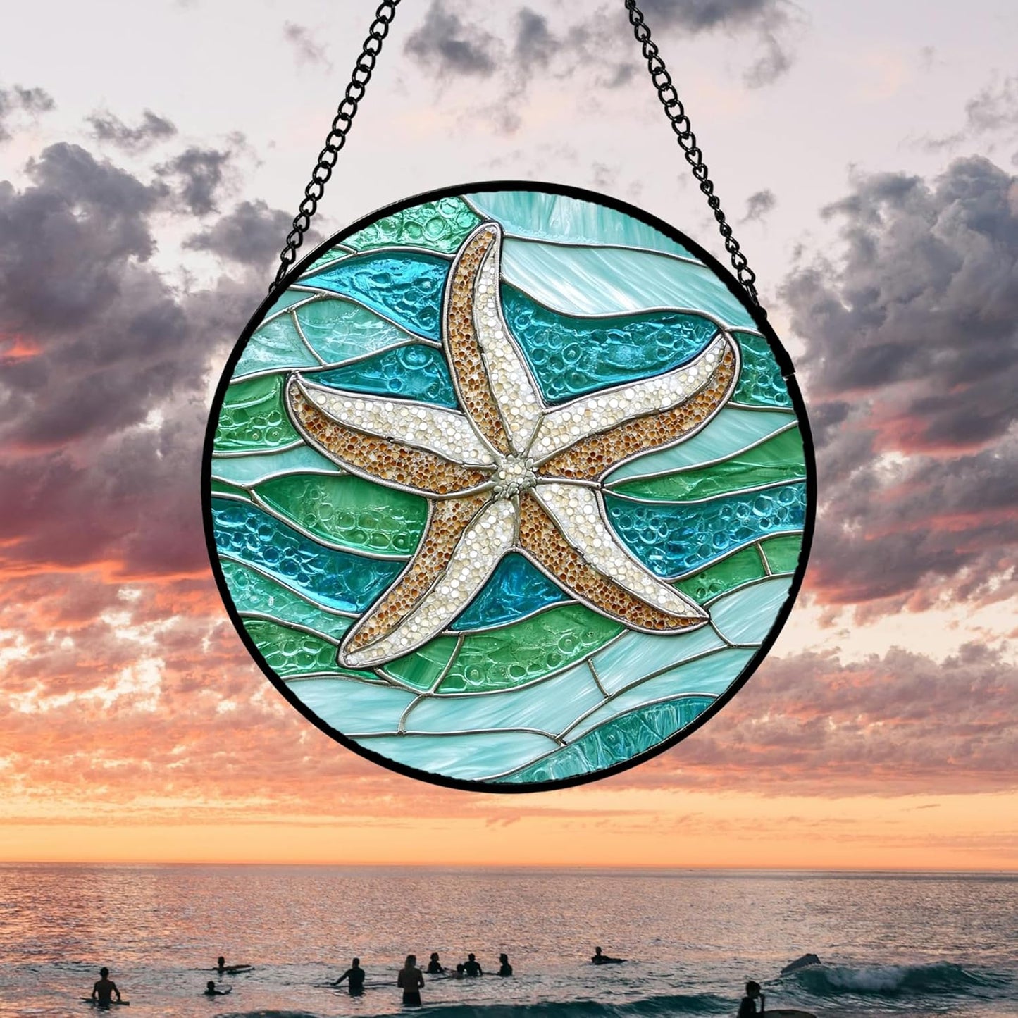 Stained Glass Window Hanging 4 Pcs Set Cyan Ocean Life Theme Large 11.8" - Sea Starfish Suncatcher Door Garden Sun Catcher Decor Birthday for Mom Woman Nana Men Friend