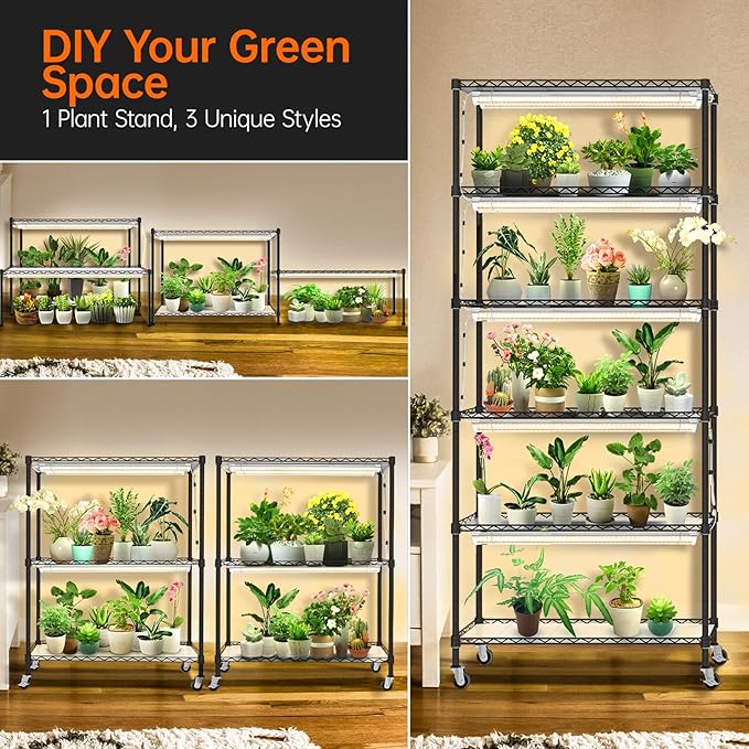Bstrip DIY Plant Shelf with Grow Light, Grow Light Shelf with Adjustable Rack and Wheels, Plant Stand, 8-Pack 192W T8 Full Spectrum Lamps, ideal for Seed Starting, Seed Tray, 29.5"L x 13.8"W x70.9"H