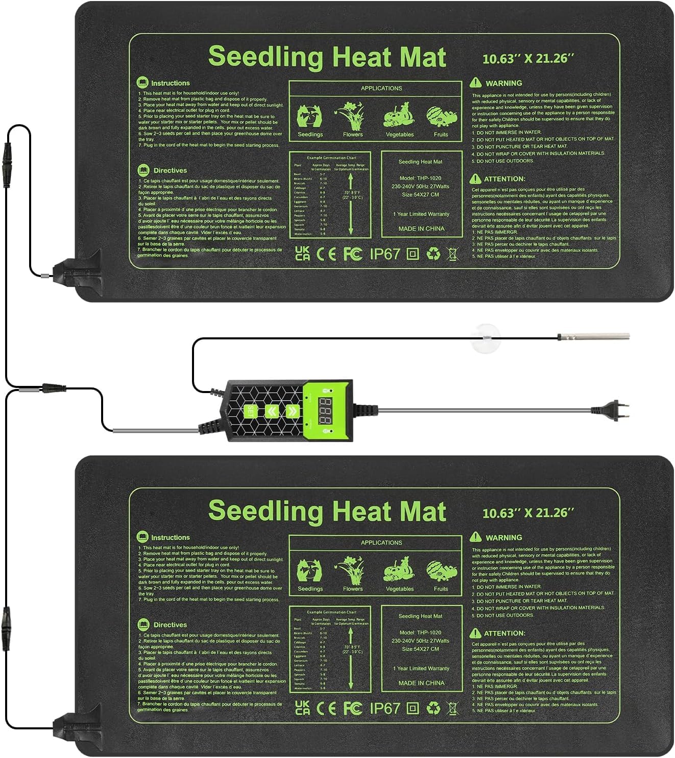 Seedling Heat Mat 10X20.75`` with Thermostat Durable Waterproof Warm Hydroponic Plant Heating Pad Temperature Controller Auto Off Timer for Seed Starting Germination Plant Propagation (2 Heat Pad)