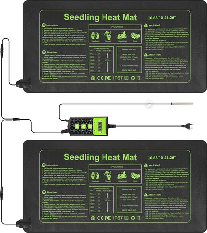 Seedling Heat Mat 10X20.75`` with Thermostat Durable Waterproof Warm Hydroponic Plant Heating Pad Temperature Controller Auto Off Timer for Seed Starting Germination Plant Propagation (2 Heat Pad)