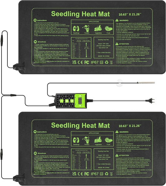 Seedling Heat Mat 10X20.75`` with Thermostat Durable Waterproof Warm Hydroponic Plant Heating Pad Temperature Controller Auto Off Timer for Seed Starting Germination Plant Propagation (2 Heat Pad)