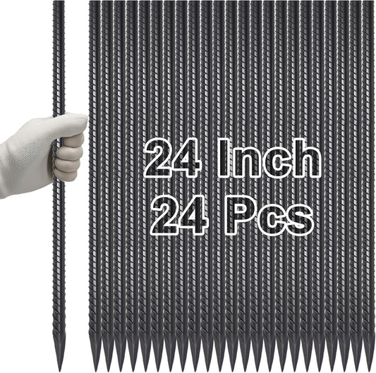 VVOKGO Rebar Stakes 24 Inch Ground Straight Concrete Form Stakes Heavy Duty (24pcs), 3/8" Diameter Metal Steel Spikes Anchors with Chisel Point End for Plant Support, Garden Border,Landscape Edging