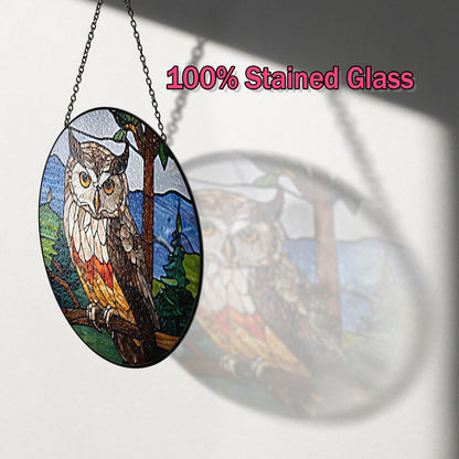 6" Owl Stained Glass Suncatchers Art Glass Owls for Sun Catcher Indoor Window Gifts for Pet Animal Nature Floral Lovers Women Grandma Mom Friend Painted Panel Décor BIRD-07B-SG6