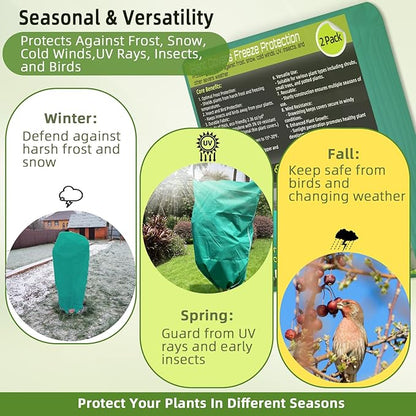 2 Pack Plant Covers Freeze Protection, 75"W x 90"H Winter Frost Blanket 2.36 oz/yd² Fabric Frost Cloth Tree Covers Shrub Jacket Bag with Zipper & Drawstring for Plants Fruit Tree Shrub Potted - Green
