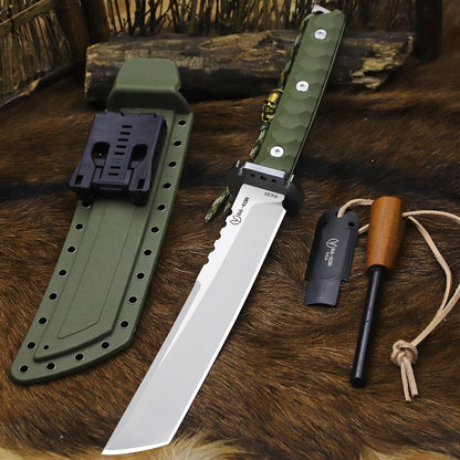 BA-KOR 15.8in Full Tang Japanese Style Outdoor Knife –8mm DC53 Steel, Nylon Fiber Handle &Sheath, Hunting Survival Knife+(5.9in) cerium igniter (Green-handled white blade (8mm))