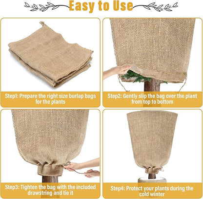 Riare 2 Packs 32 × 40 Inch Burlap Winter Plant Cover Bags with Drawstring- Reusable Large Burlap Sack Plant Frost Protector, Plant Frost Cloth Cold Tree Freeze Blanket for Outdoor Plants Shrubs Fruit