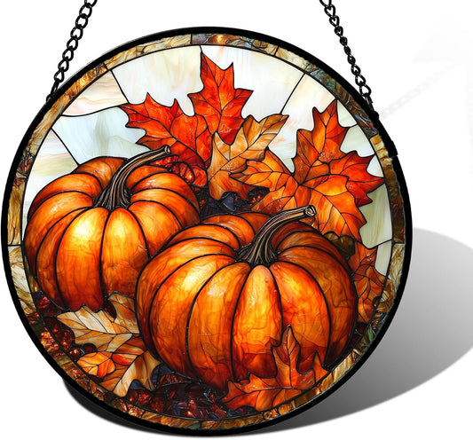 Stained Glass Window Hanging, Pumpkin Maple Leaf Suncatcher for Doors Home Sun Catchers Decoration