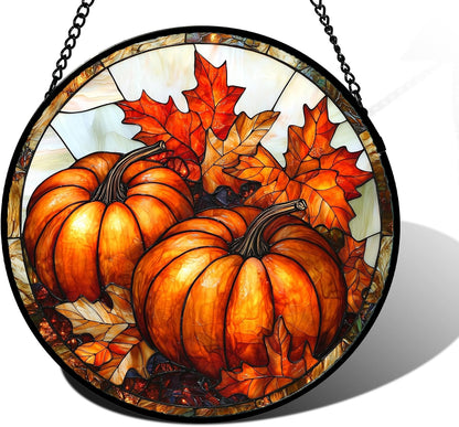 Stained Glass Window Hanging, Pumpkin Maple Leaf Suncatcher for Doors Home Sun Catchers Decoration and Christmas, Mother's Day Birthday Gifts for Women, Men, and Mom 11.8x11.8 in