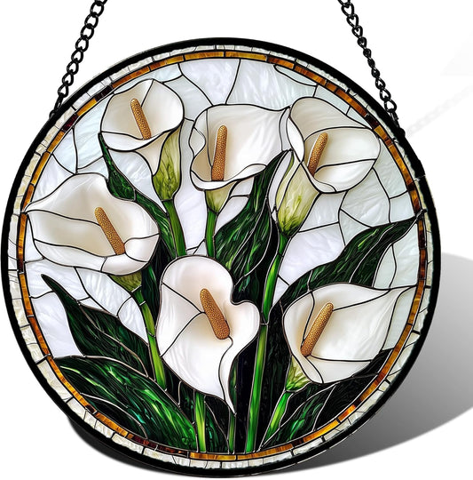 Stained Glass Window Hanging, White Calla Lily Flowers Sun Catchers Glass Panel Plant Suncatcher