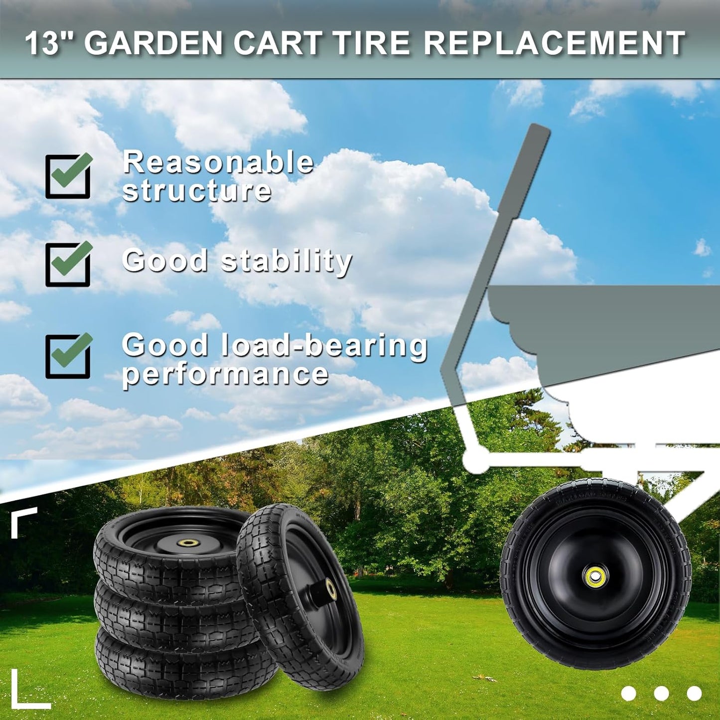 13"Garden Cart Tire Replacement for 13" Flat-Free Tire and Wheel with 5/8" Axle Borehole, 2.1" Offset Hub, 3.15" Wide Tires Used for Wheelbarrow Garden Cart and Trolleys, 4-Pack by Cenipar