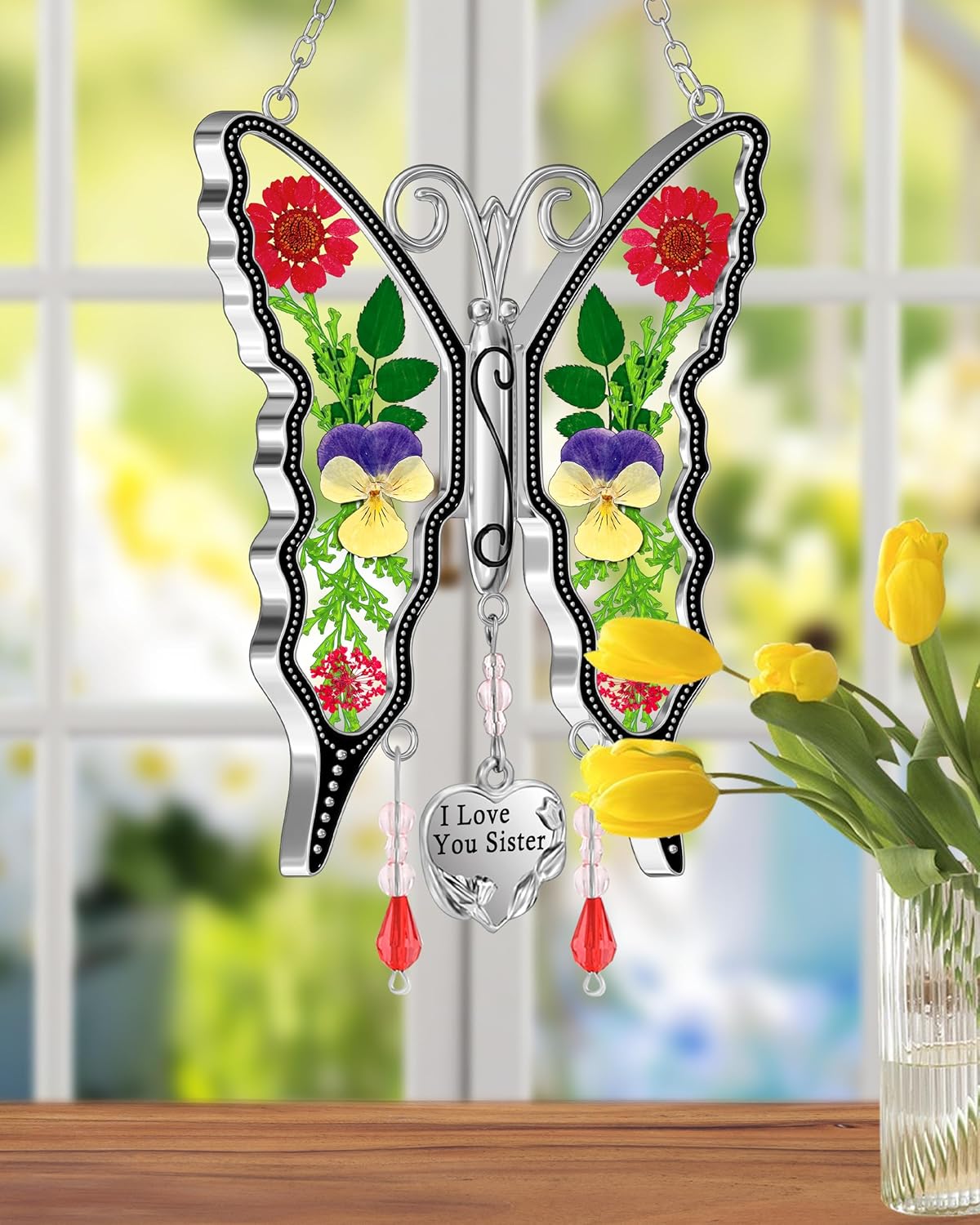 KY&BOSAM Butterfly Suncatcher for Window Hanging I Love You Sister Gift Stained Glass Wind Chime Pressed Real Flower Between Wings and Charm Birthday Gift for Sister Mother's Day Valentine's Christmas