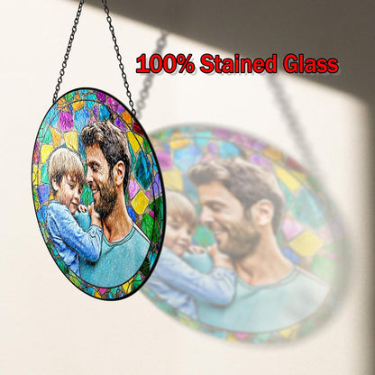 Personalized Grandpa Stained Glass Suncatcher, Photo Family Faux Stained Glass Window Hanging Ornament, Custom Photo Gift for Dad from Son Daughter, Birthday Gift for Grandpa, Uncle