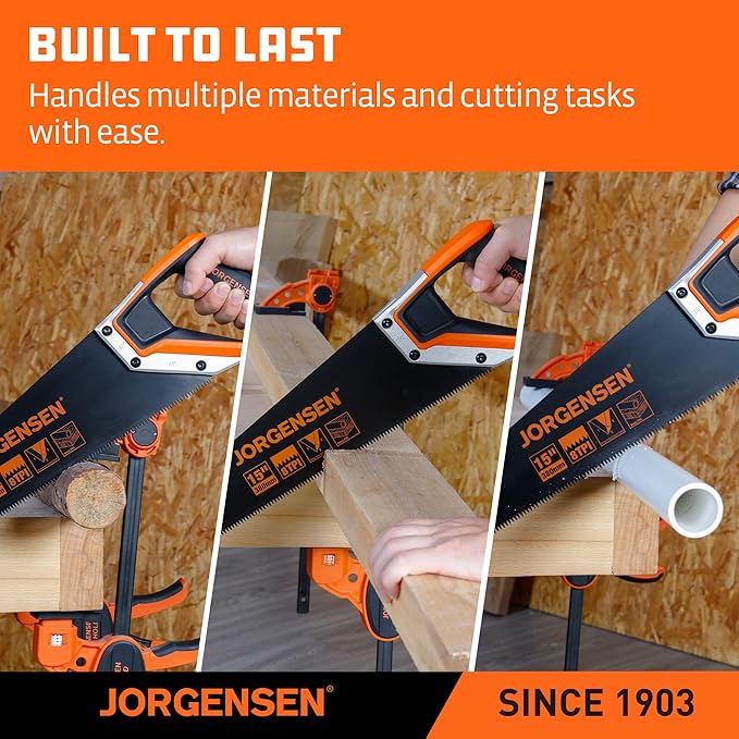 JORGENSEN 15??Hand Saw, Black Coated Coarse Handsaw 8TPI for Wood Cutting, Ergonomic Non-Slip Aluminum Handle for Sawing, Trimming, Gardening, Pruning, PVC