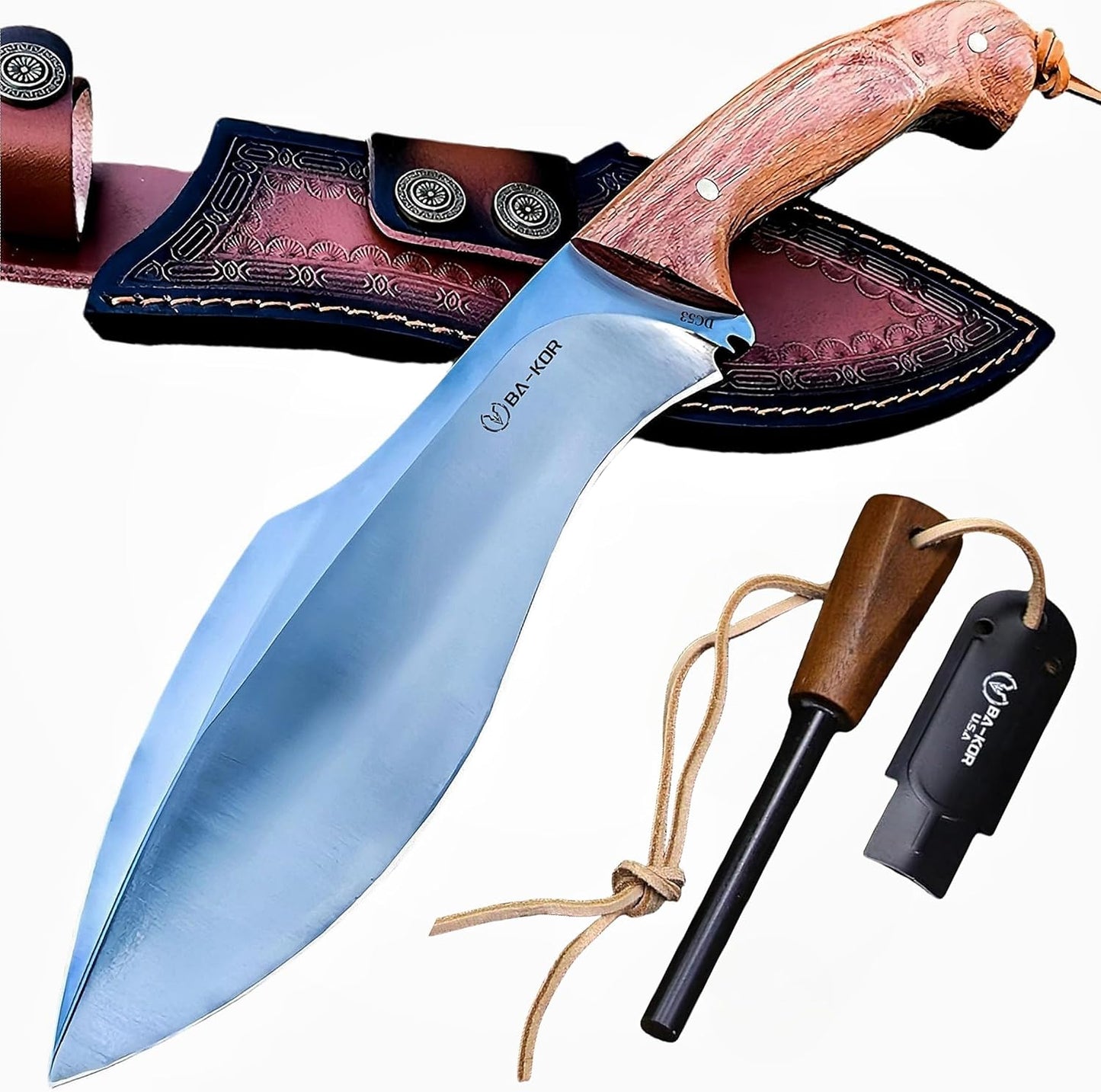 BA-KOR (Survivor III) 35.5CM (14.2 ") DC53 steel 10mm thickened full Tang fixed knife+ leather sheath &(5.9IN) Cerium Igniter, suitable for outdoor hunting, cutting, chopping, camping, obstacle removal, exploration, fishing, EDC, BBQ