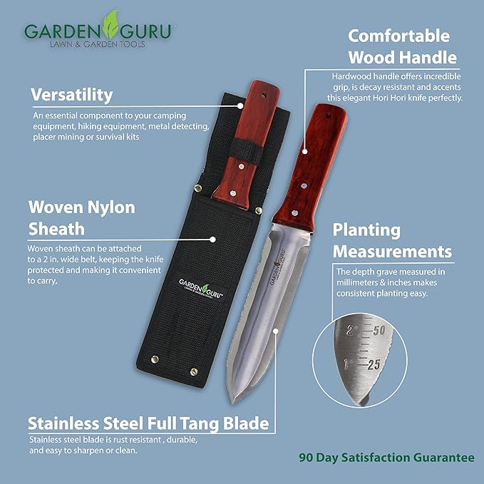 Garden Guru Hori Hori Garden Knife for Weeding, Digging, Pruning, and Cultivating - Stainless Steel Full Tang Blade | Marks for Measuring Planting Depth | Nylon Sheath for Storage (2 Pack)