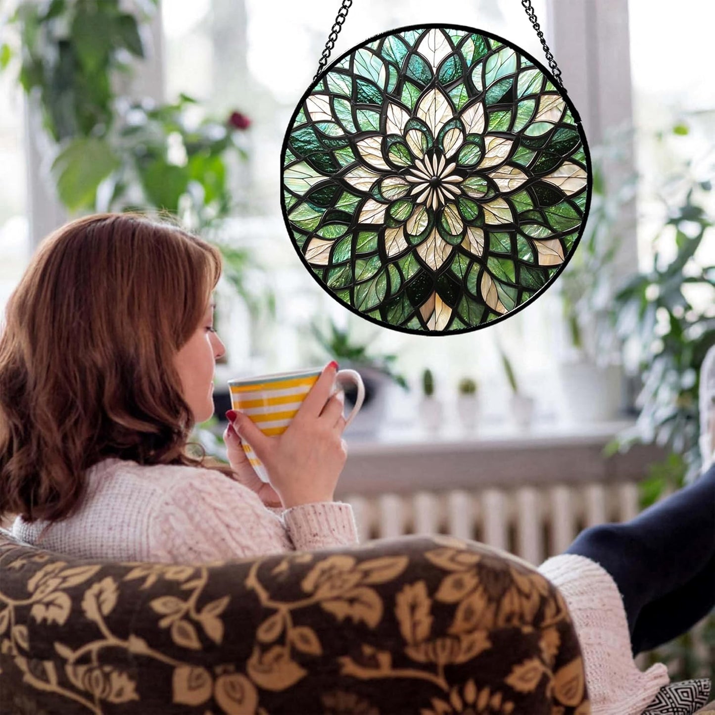 Stained Glass Window Hanging - Abstract Gradient Flowers Suncatcher for Doors Window Home Green Sun Catchers Decor Christmas Mother's Day Birthday Gifts for Teacher Women Men Mom Nana 15 in