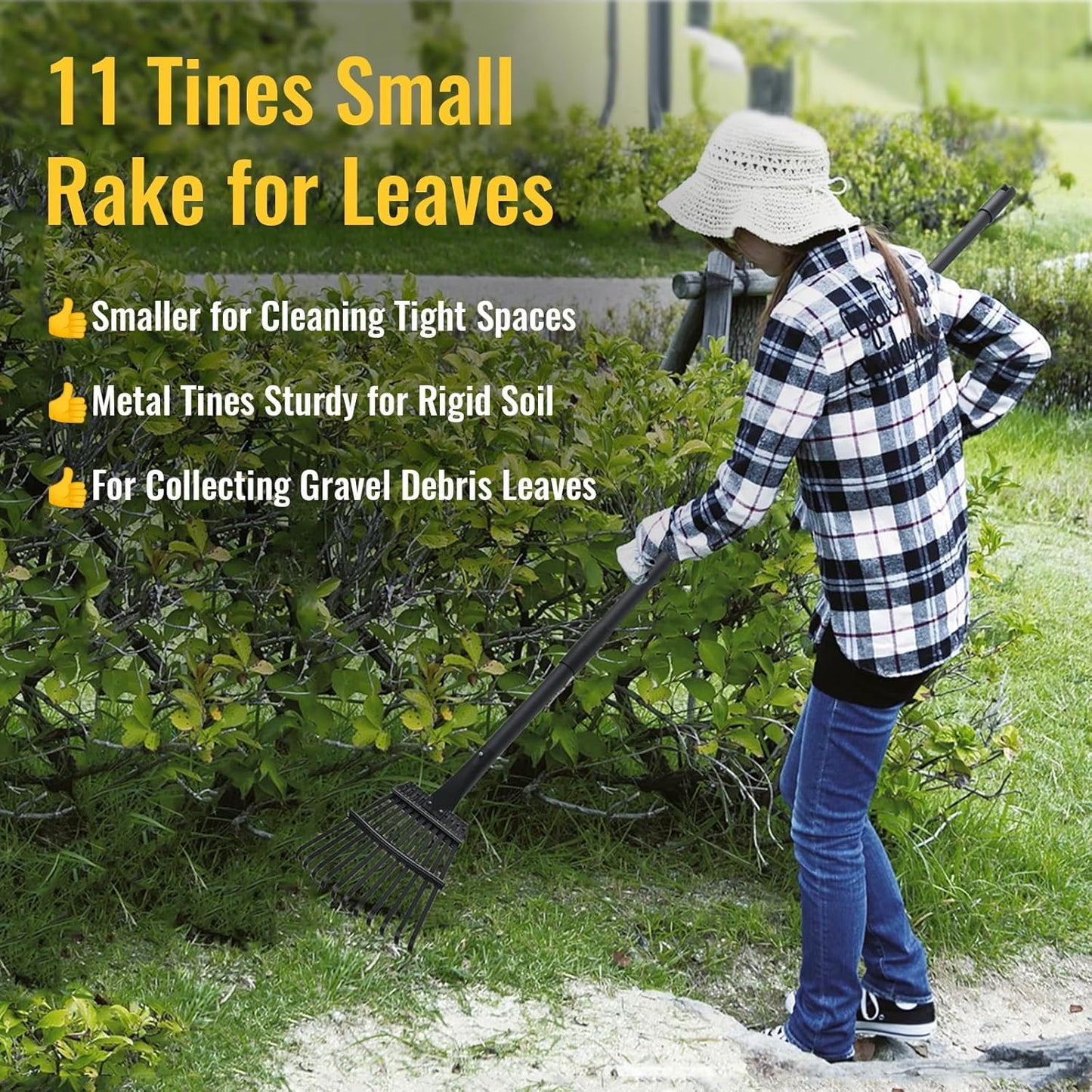 Small Garden Rake for Leaves,11 Tines Heavy Duty Metal Yard Hand Rake with 63in Adjustable Handle,Ideal Leaf Scoops Gardening Tool for Gathering Leaves,Shrub,Poop,Leveling Grass,Garden Flower Bed,Yard