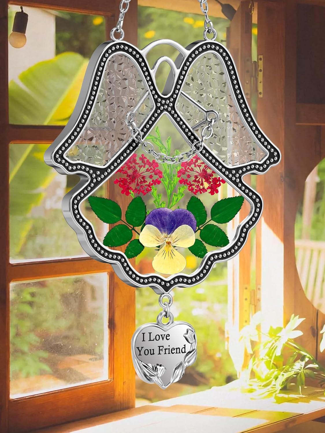 KY&BOSAM Angel Suncatcher I Love You Frined Stained Glass Panels for Windows Hangings Wind Chime with Pressed Flower Glass with Metal Charm Birthday Gift for Women Friend Mothers Day Christmas Decor