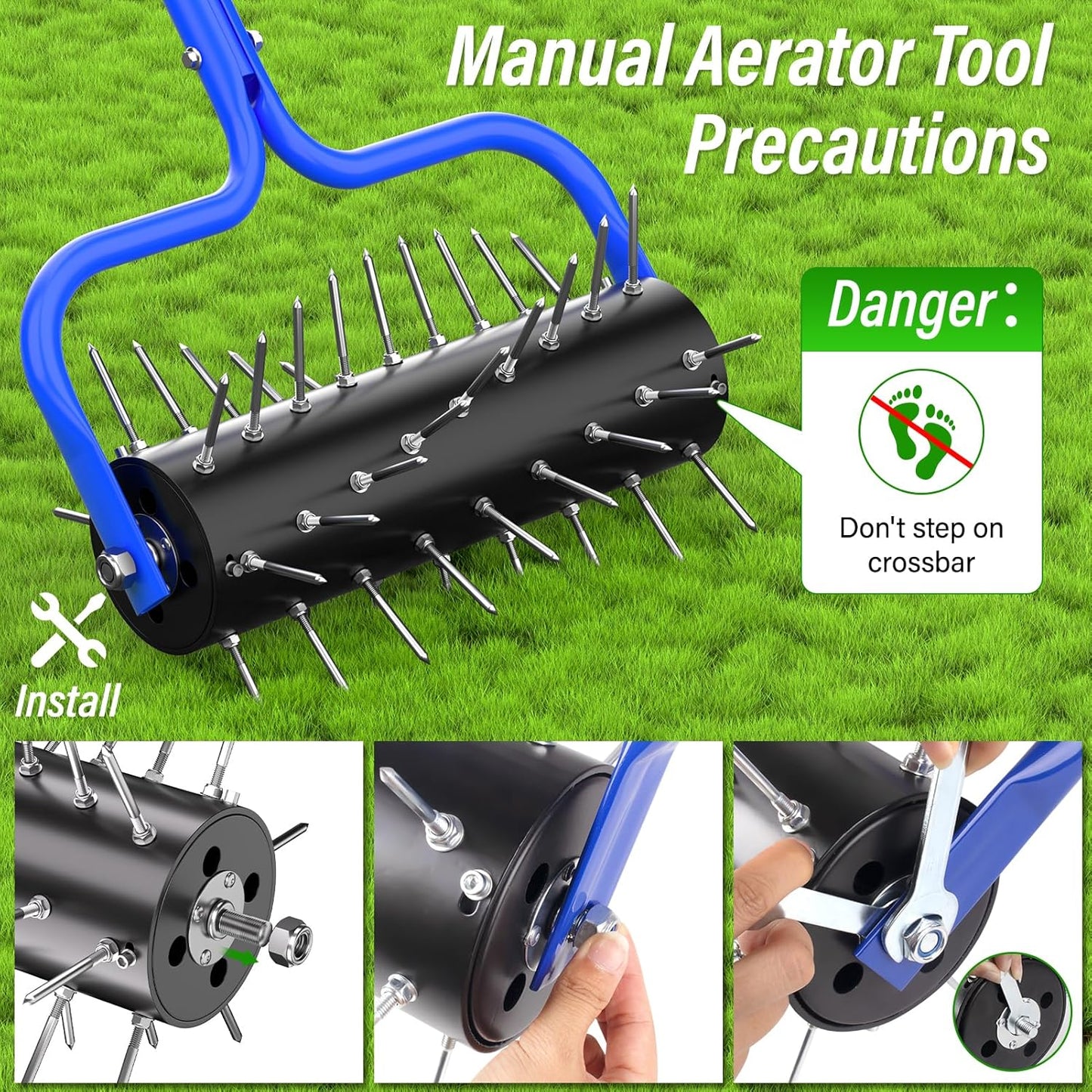 Lawn Aerator Roller,Manual Aerator Tool,Heavy Duty Lawn Spike Aerator Roller with 54 Spikes,79" Adjustable Handle Manual Push Aerator Lawn Tool,Lawn Aeration for Lawn Care & Soil Penetrat