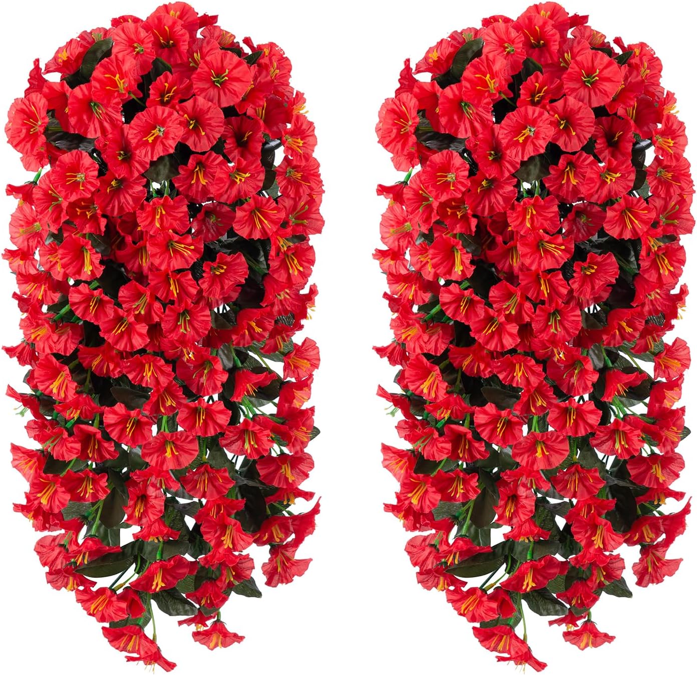 Artificial Fake Hanging Flowers Plants for Outdoor Outside Decoration, 2PCS Faux Silk UV Resistant Look Real Red Morning Glory Trailing Vines for Home Planter Wedding Party Garden Patio Porch