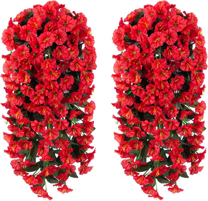 Artificial Fake Hanging Flowers Plants for Outdoor Outside Decoration, 2PCS Faux Silk UV Resistant Look Real Red Morning Glory Trailing Vines for Home Planter Wedding Party Garden Patio Porch