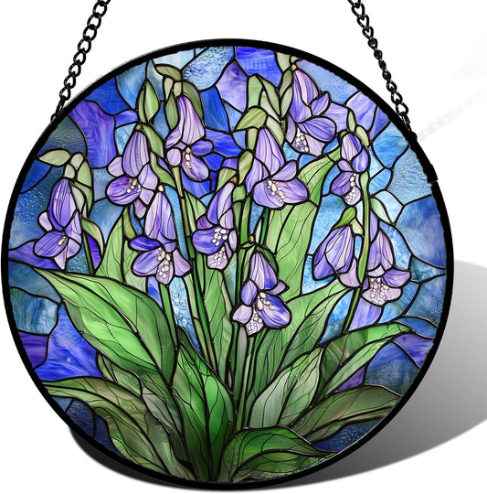 Stained Glass Suncatcher, Blue Purple Flowers Green Leaves Sun Catcher Plants Stain Glass Window
