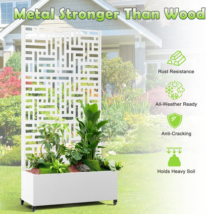 15.7"×70.9"×35.4" Metal Raised Garden Bed with Trellis and Wheels - Tall Trellis Planter Box for Climbing Plants, Vegetables & Vines - Outdoor Privacy Planters for Patio (White-Helen)