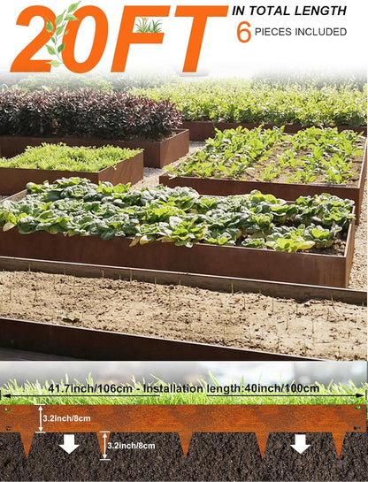 Vinci Landscape Edging Border, 40" L x 6" H 6Pack 20FT Total Rusted Corten Steel Garden Edging,Easy Installation,Sturdy Elegant Metal Lawn Broder for Flower Beds, Pathways, Paver Edges and Yard
