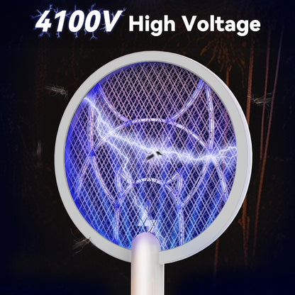 Electric Fly Swatter Racket,2 in 1 Mosquito Bug Zapper 4100V Handheld Mosquito Killer with 1800 mAh Rechargeable Battery, Purple Light and 3-Layer Safety Mesh for Indoor Outdoor Grey Two-Pack