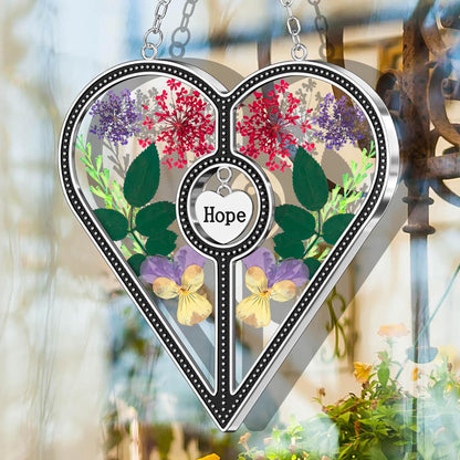 KY&BOSAM Heart Suncatcher Mom Gifts Stained Glass Panels for Windows Hangings Wind Chime with Pressed Flower and Metal Hope Heart Charm Windows Indoor Christmas Trees Wedding Party Home Decoration