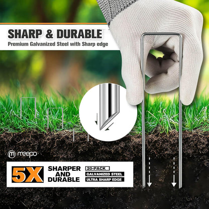Garden Stakes, 20-Piece 6 Inch Never Rust Galvanized Landscape Staples, 5X Sharper Durable Stakes for Gardening, Tent, Weed Barrier, Outdoor Yard Decoration, Plant Cover
