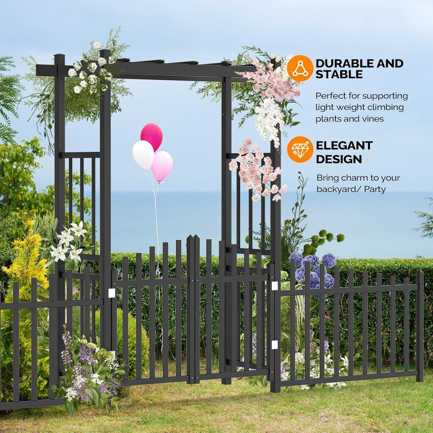 VINGLI Garden Arbor with Gate and Fence, PVC Wedding Arch for Ceremony Party, Garden Trellis for Climbing Plants Outdoor, Arch Backdrop Stand for Garden, Backyard, Lawn, Wedding (Black)