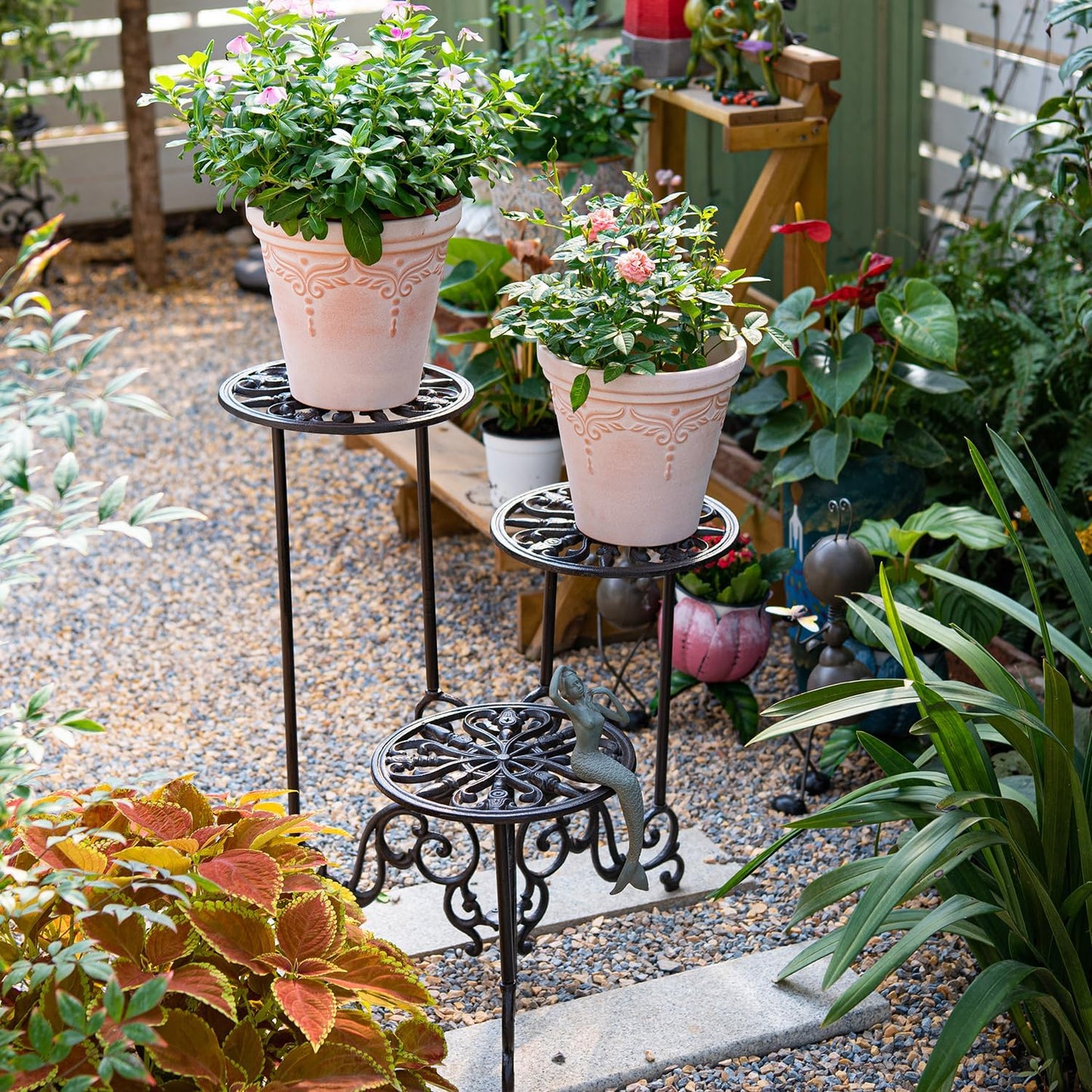 Sungmor Heavy Duty Cast Iron Plant stand, 3 Tier Foldable Metal Plant Shelf, 24in Tall Vintage Flower Pot Holder Indoor Outdoor Tiered Plant Stand, Rustic Plant Display Rack for Corner Balcony Patio