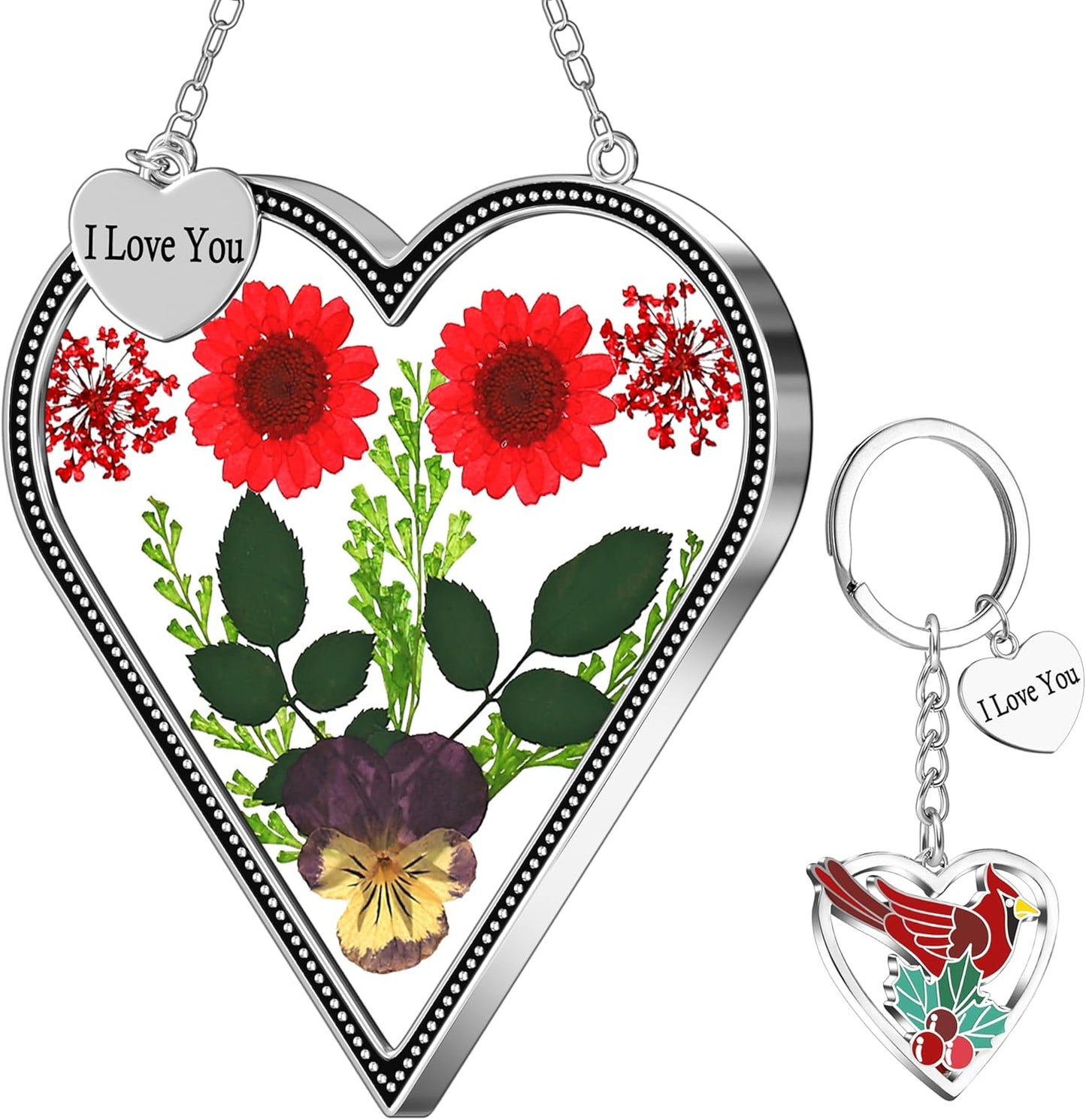 KY&BOSAM Heart Suncatcher I Love You Stained Glass Wind Chime for Windows Pressed Flower Between Heart in Glass and Metal Engraved Charm Birthday Gift for Women Mom Mother's Day Valentine's Christmas