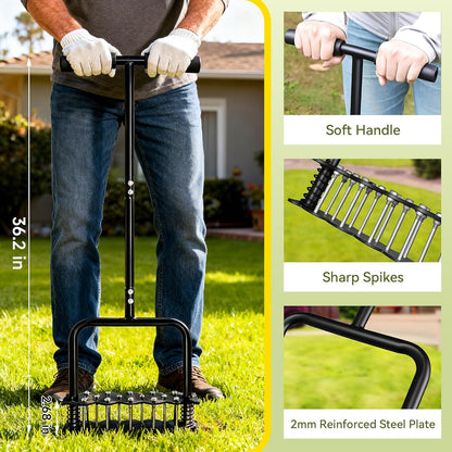 Upgraded Lawn Aerator Tool with 14 Steel Spikes, Hand Grass Aerator Spike Tool Manual Lawn Aerators with Spring-Loaded Design&Automatic Leaf and Dirt Cleaning for Yard, Garden Black