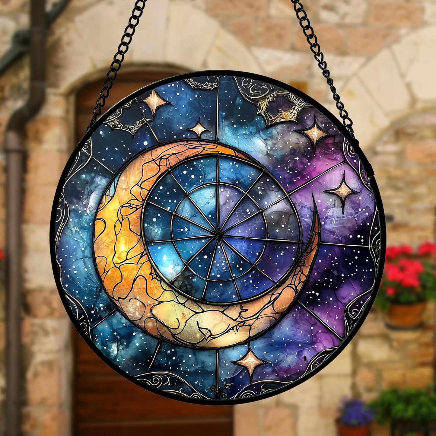 Stained Glass Window Hanging, Blue Starry Sky Moon Astrolabe Suncatcher for Doors Home Sun Catchers Decoration and Christmas, Mother's Day Birthday Gifts for Women, Men, and Mom 9.8 in