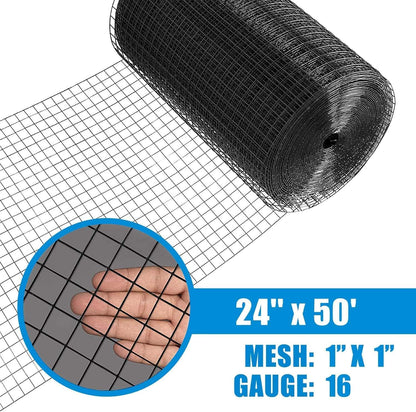 Fencer Wire Hardware Cloth with 1-Inch Grid, 16 Gauge Black Vinyl Coated Welded Fence Mesh Roll for Home and Garden Fence and Pet Enclosures Protect (24 Inch x 50 ft.)