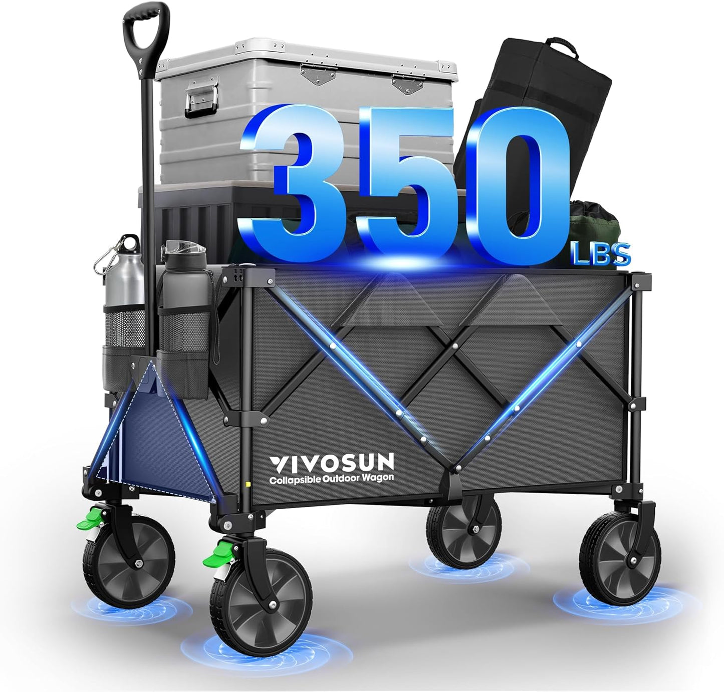 VIVOSUN Collapsible Folding Wagon, 350 lb Load-Bearing Outdoor Utility Cart with Silent Universal Wheels, Cup Holders &Side Pockets, Adjustable Handle, for Camping, Garden, Sports, Picnic, Shopping