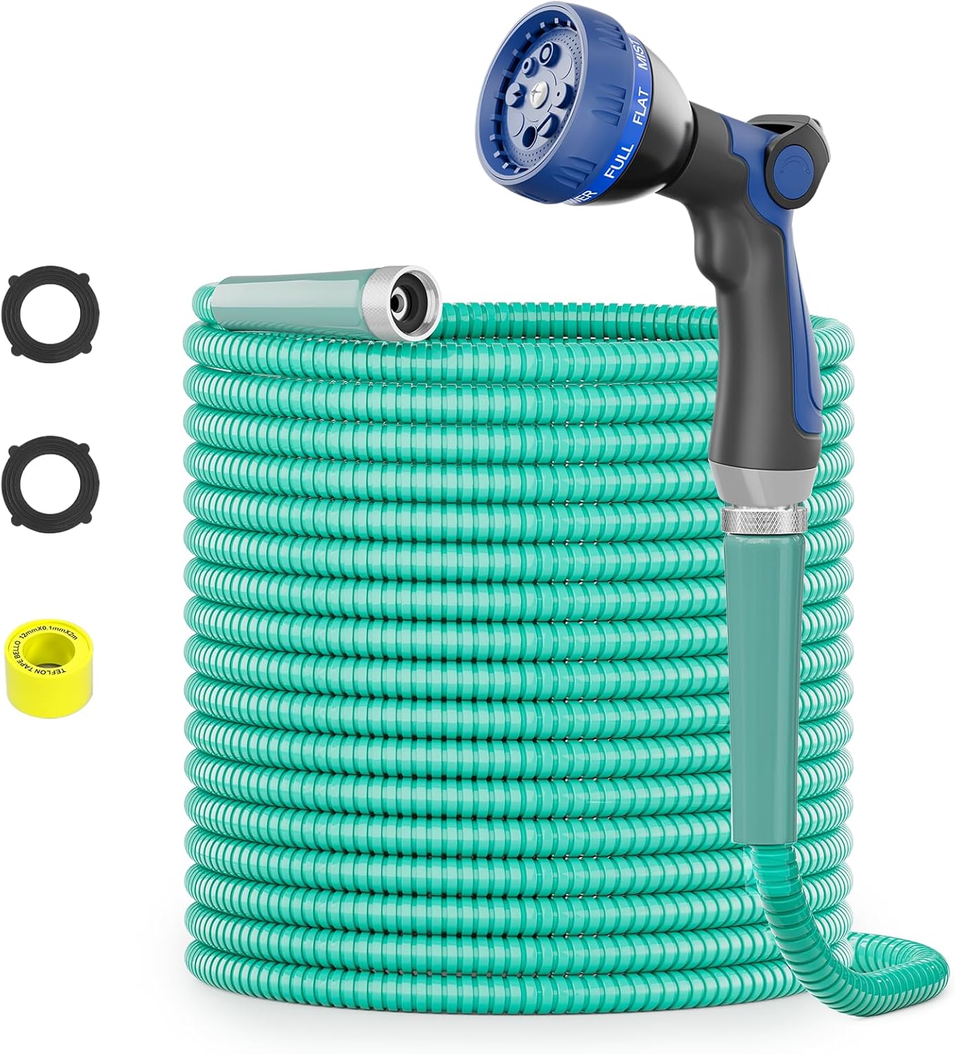 SPECILITE 25ft 304 Stainless Steel Garden Hose Metal, Heavy Duty Water Pipe with Nozzles for Yard, Outdoor - Flexible, Never Kink & Tangle, Puncture Resistant (Aqua)