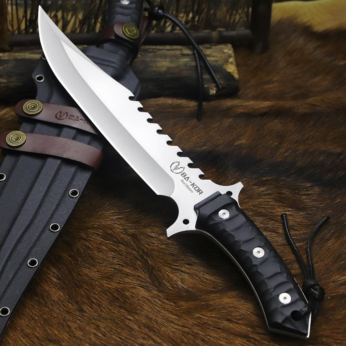 BA-KOR (15.8 inches) 5mm full Tang 9CR18MOV steel nylon fiber handle Bowie knife + sheath + (5.9 inches) cerium element striker, suitable for outdoor hunting, camping, survival, and daily carry of tools. (Sanding (full edge))
