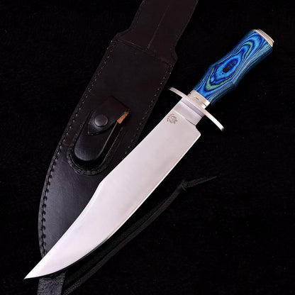 Survival Hunting Knife with Sheath, Handmade 15-inch Full Tang D2 Fixed Blade Tactical Bowie Knife for Camping, Outdoor, Bushcraft with Solid Engineered Wood Handle,Gift for BF/MEN (Blue)