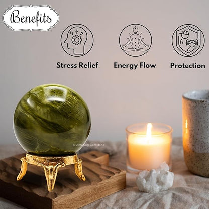 Amazing Gemstone Vesuvianite Crystal Ball with Stand - 2 Inches Crystal Sphere Meditation Balls for Witchcraft and Decorative Balls