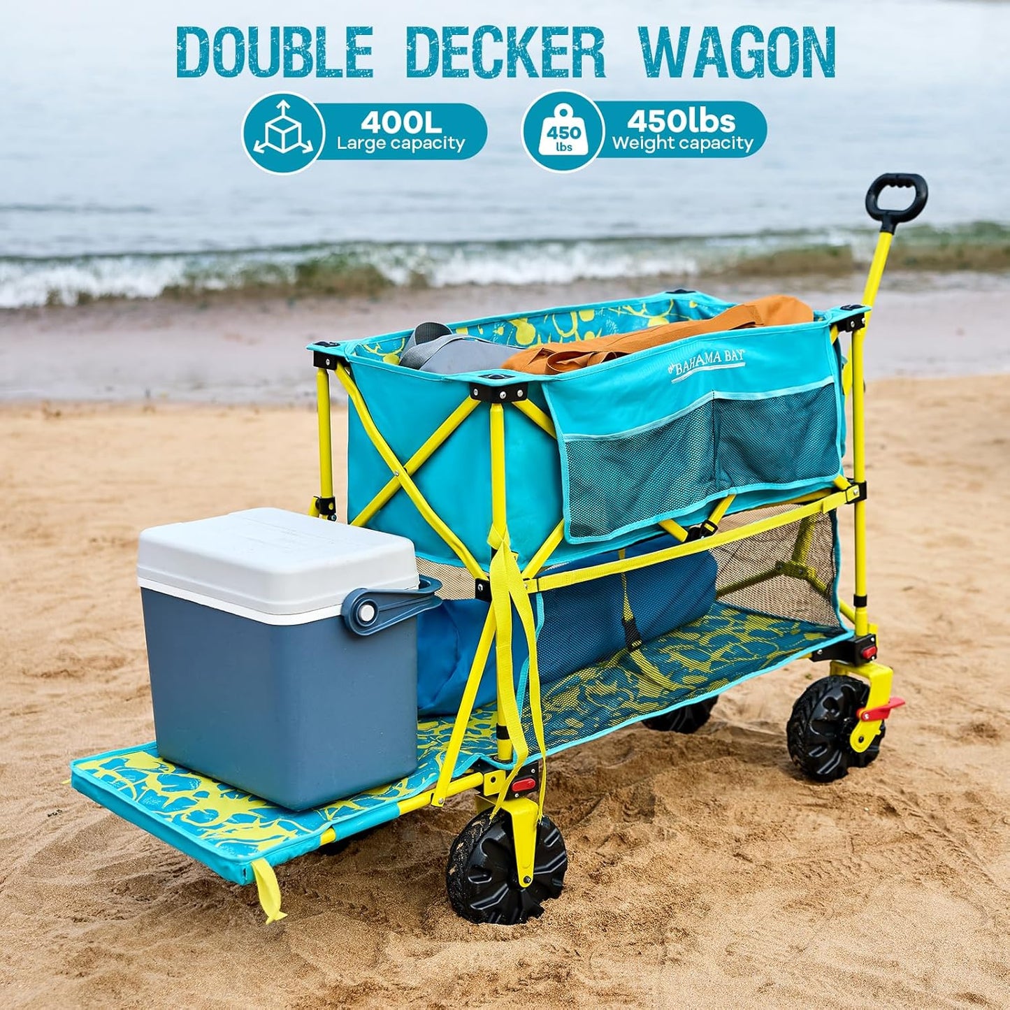 Old Bahama Bay 400L Collapsible Double Decker Beach Wagon with Brakes, Folding Beach Cart with 54" Extra Long Decker, 450LBS Heavy Duty Wagon Chart with All-Terrain Big Wheels for Sand Camping Garden