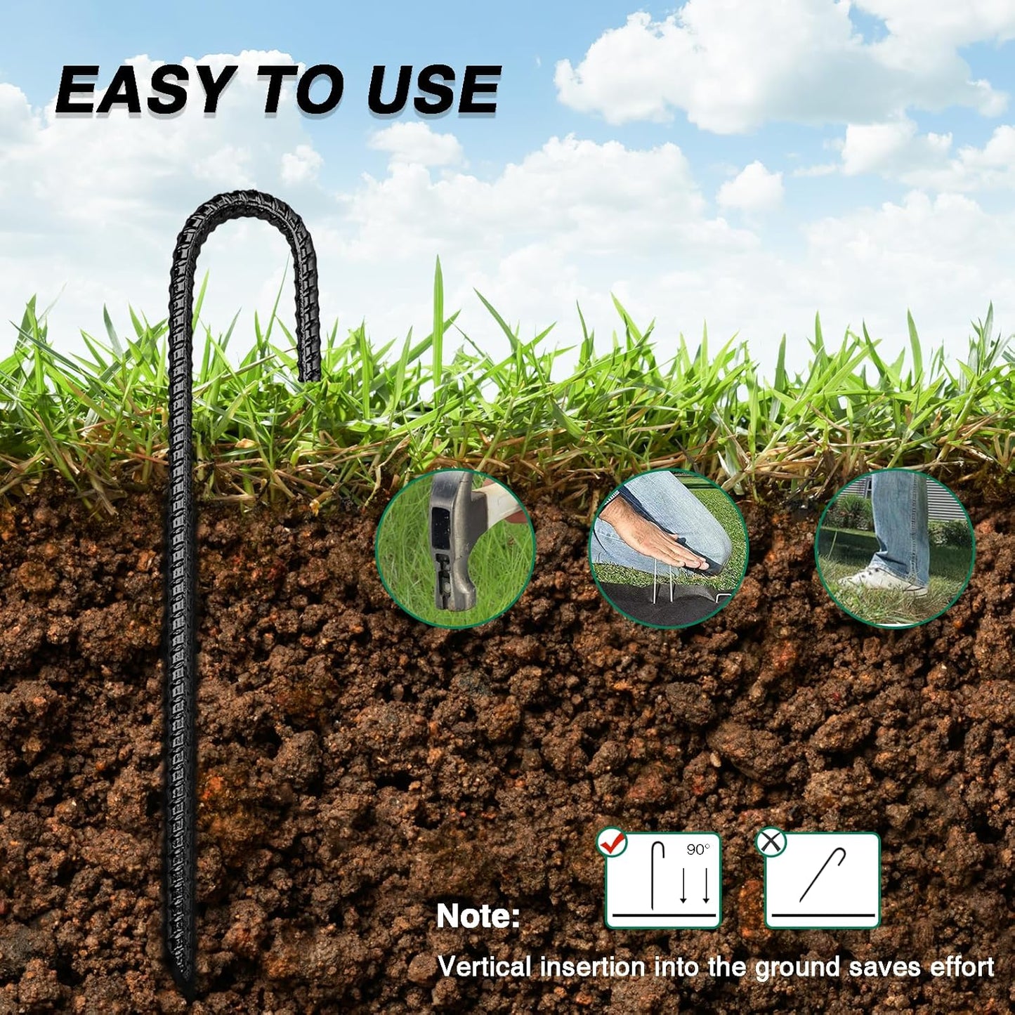 12 Inch Rebar Stakes Heavy Duty, 10 Pack Garden Stake J-Hook, Electrostatic Rust Proof Metal Stakes for Tent, Landscape,Outdoor Decorations, Fabric Ground Cover, Tube Fixing (Black, J-12in-10pc)